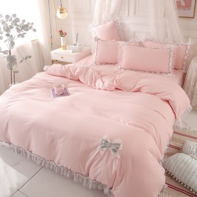 高档韩式纯棉四件套简约四季通用床上用品纯色全棉公主风被套床套
